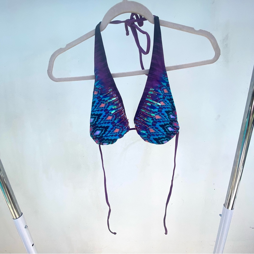 Y2K Purple & Blue Beaded String Bikini Top Size Large
